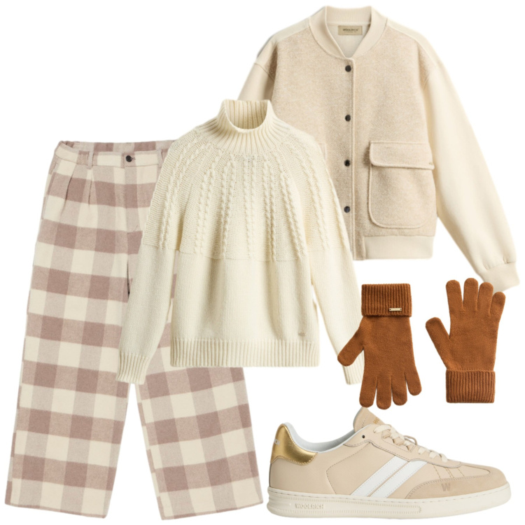 Outfit donna - Woolrich total look. Stile Casual chic per Tutti i giorni. Abbinamento con sneakers, guanti, pantaloni, felpe, maglieria.