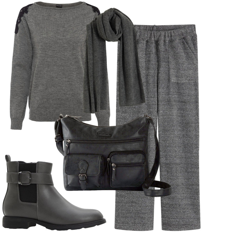 Outfit donna - Total Black mood. Stile Basic per Tutti i giorni. Abbinamento con borse a tracolla, maglieria, sciarpe, stivaletti chelsea, pantaloni.