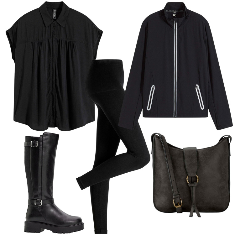 Outfit donna - Total Black Mood. Stile Sporty chic per Tutti i giorni. Abbinamento con leggings, camicie a manica corta, borse a tracolla, stivali, blazer.