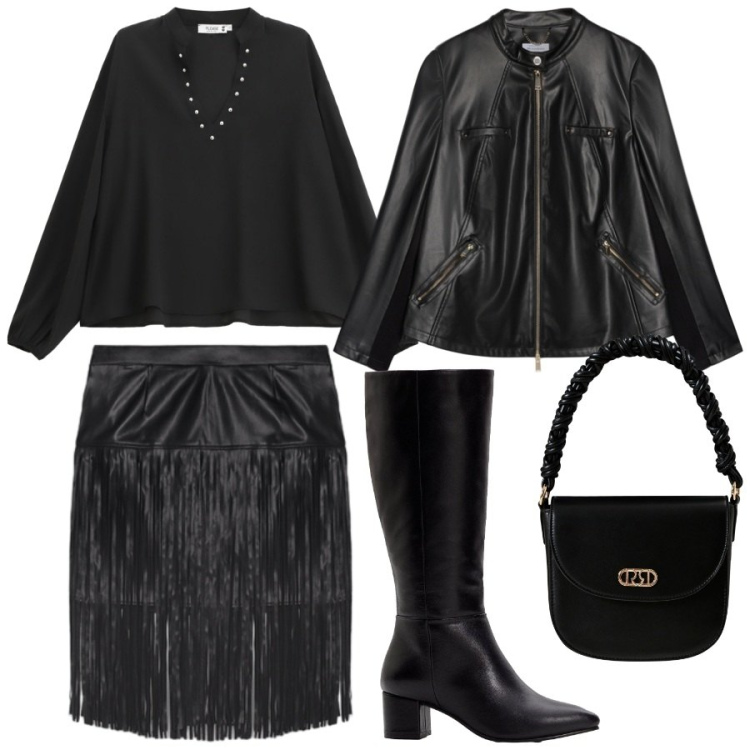 Outfit donna - Total Black Mood. Stile Glamour per Serata fuori. Abbinamento con stivali, borse a mano, camicie, giacche, minigonne.