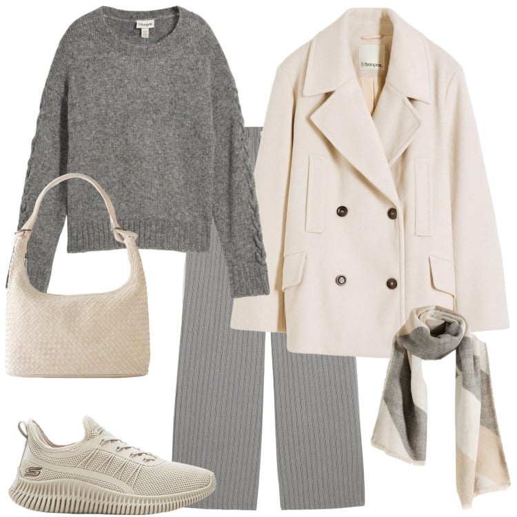 Outfit donna - Casual style. Stile Casual per Tutti i giorni. Abbinamento con caban, shopping bag, pantaloni, sneakers, foulard, maglieria.