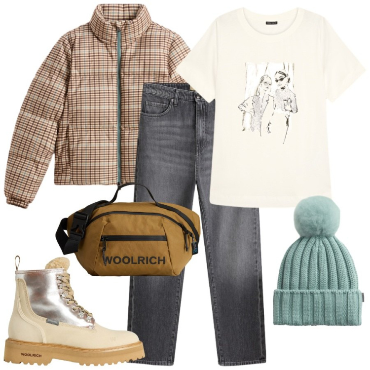 Outfit donna - In montagna. Stile Sporty chic per Tutti i giorni. Abbinamento con jeans, anfibi, piumini, borse a tracolla, berretti, t-shirt.