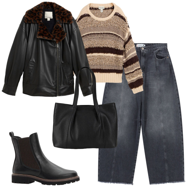 Outfit donna - Ottobre. Stile Casual per Tutti i giorni. Abbinamento con maglieria, shopping bag, stivaletti chelsea, bomber, pantaloni a palazzo.