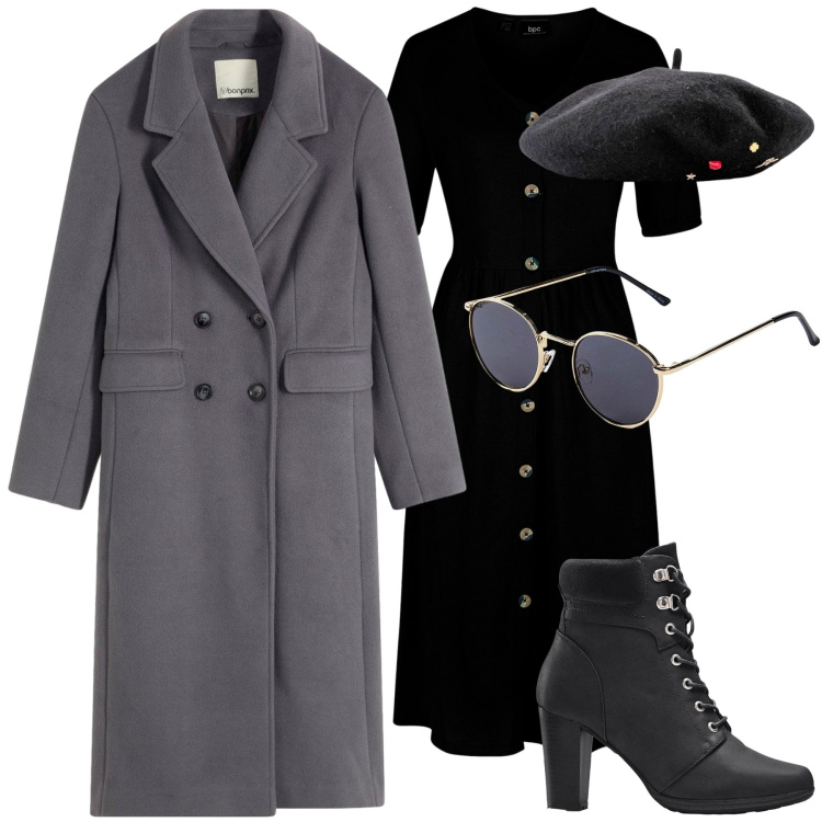 Outfit donna - Black in Paris. Stile Glamour per Serata fuori. Abbinamento con stivaletti, cappelli e berretti, vestiti midi/longuette, occhiali da sole, cappotti.