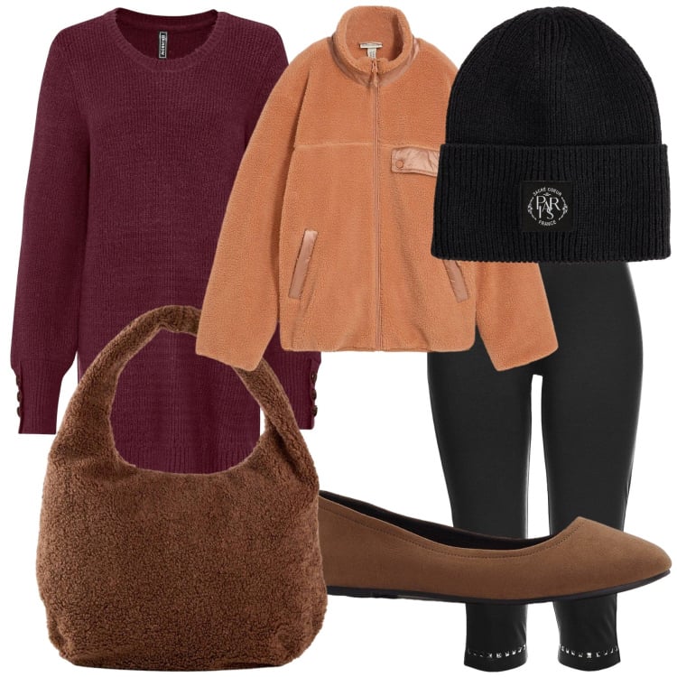 Outfit donna - Warm total look. Stile Casual per Tutti i giorni. Abbinamento con maglieria, leggings, ballerine, blazer, berretti, shopping bag.