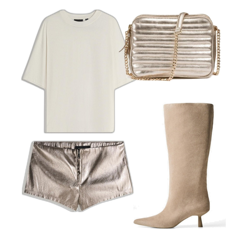 Outfit mujer - Casual chic. Estilo Casual chic para Todos los días. Combinación con bolsos de hombro, botas, camiseta, shorts.