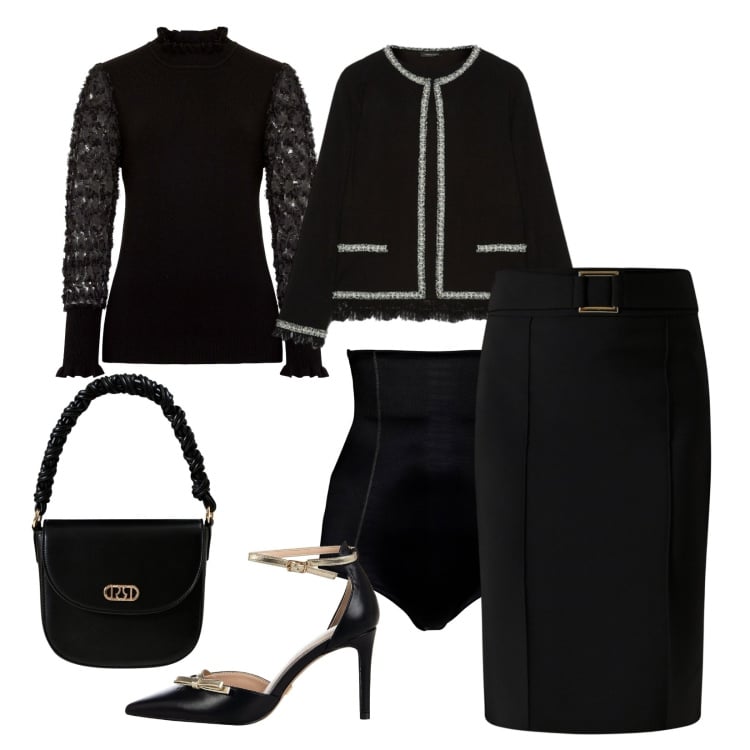 Outfit donna - Il nero sempre elegante!. Stile Chic per Serata fuori. Abbinamento con maglieria, culotte, décolleté, gonne, borse a mano, cardigans.