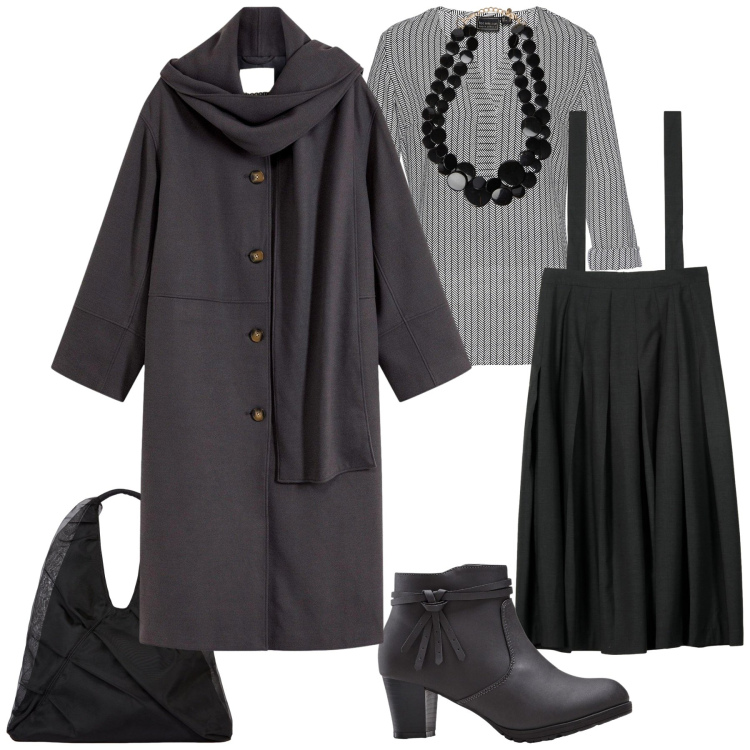 Outfit donna - Total Black Mood. Stile Glamour per Tutti i giorni. Abbinamento con tuniche, stivaletti, cappotti, gonne lunghe, collane, shopping bag.