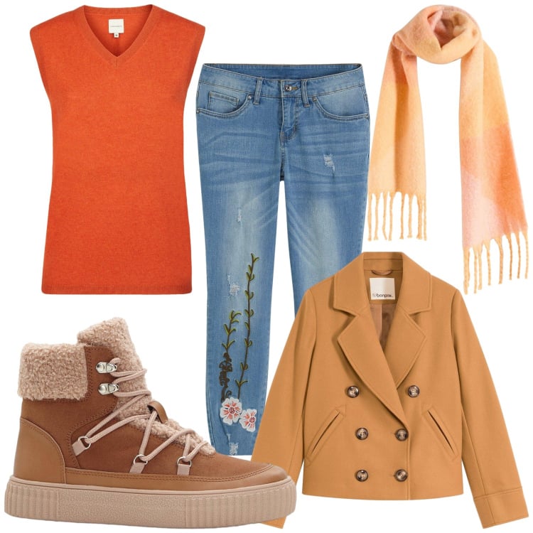 Outfit donna - Pumpkin and flowers. Stile Trendy per Tutti i giorni. Abbinamento con jeans, caban, sciarpe, stivaletti, maglieria.