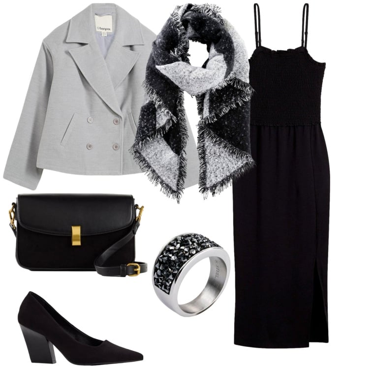 Outfit donna - Total Black Mood. Stile Casual chic per Serata fuori. Abbinamento con vestiti midi/longuette, sciarpe, anelli, décolleté, caban, borse a mano.