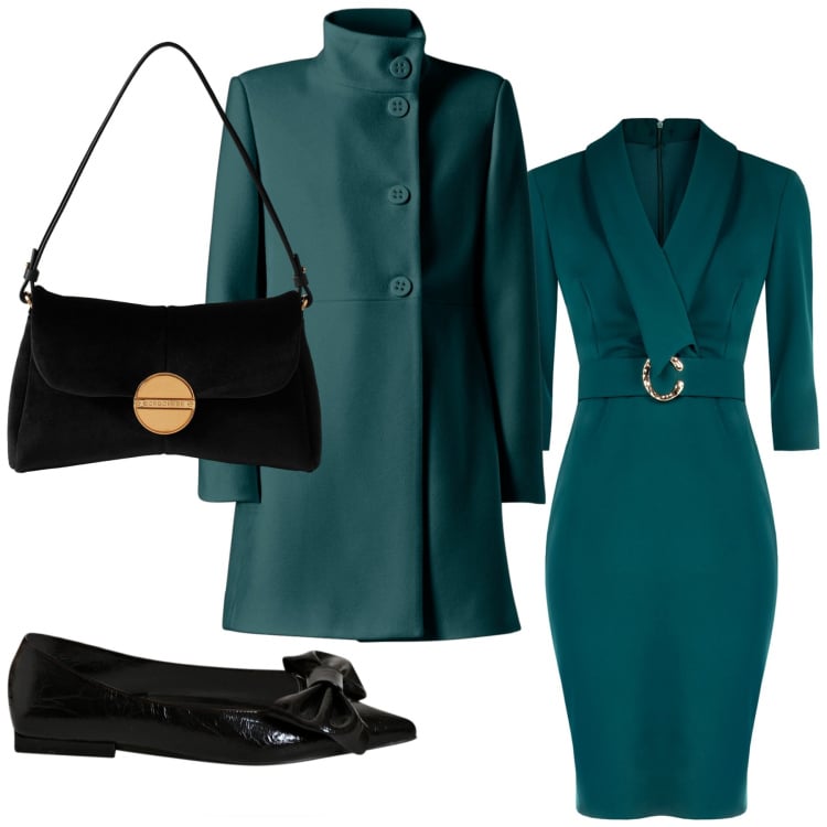 Outfit donna - Eleganza in verde. Stile Chic per Serata fuori. Abbinamento con cappotti, ballerine, vestiti a tubino, borse a tracolla.