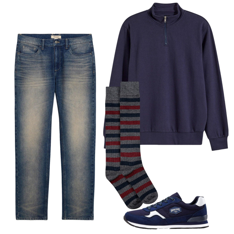 Outfit uomo - Autunno. Stile Casual per Tutti i giorni. Abbinamento con felpe, sneakers, jeans dritti, calzini.