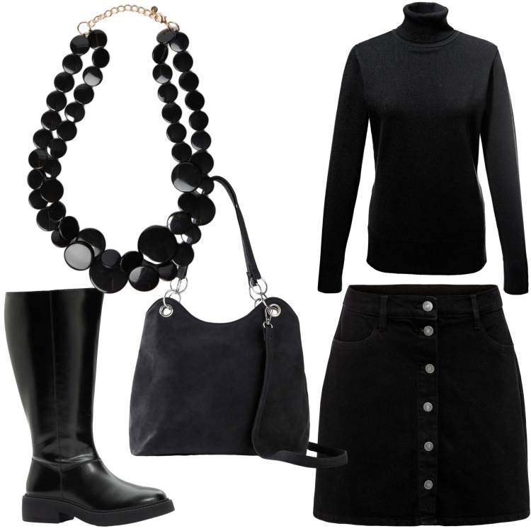 Outfit donna - Black mood. Stile Chic per Ufficio. Abbinamento con maglieria, gonne, borse a mano, stivali, collane.