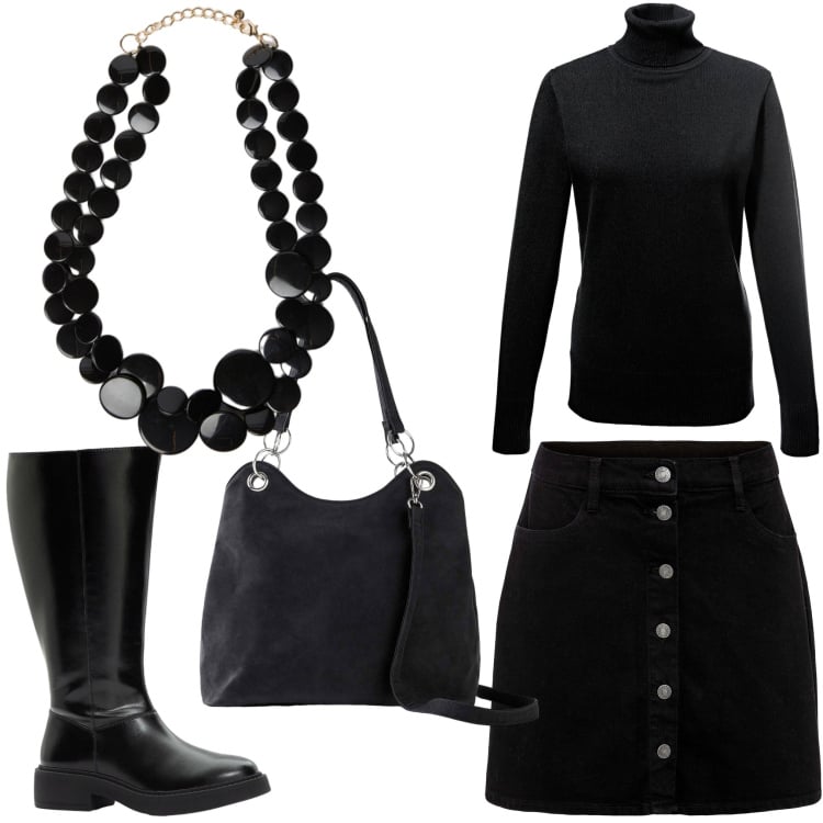 Outfit donna - Black mood. Stile Chic per Ufficio. Abbinamento con maglieria, gonne, borse a mano, stivali, collane.