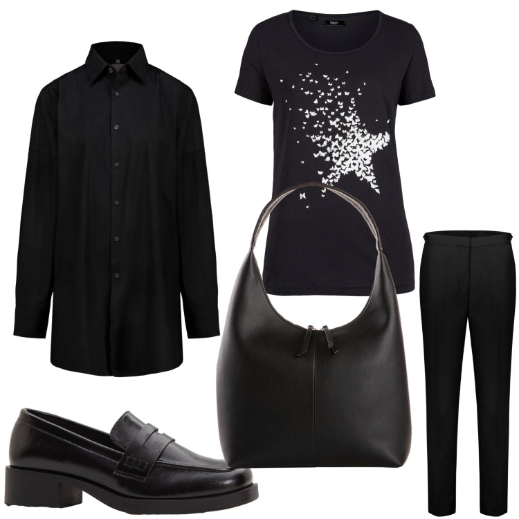 Outfit donna - Star. Stile Mannish per Ufficio. Abbinamento con t-shirt, shopping bag, mocassini, pantaloni chino, camicie.
