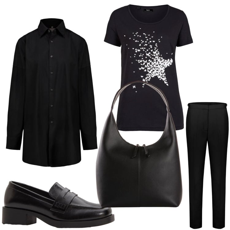 Outfit donna - Star. Stile Mannish per Ufficio. Abbinamento con t-shirt, shopping bag, mocassini, pantaloni chino, camicie.