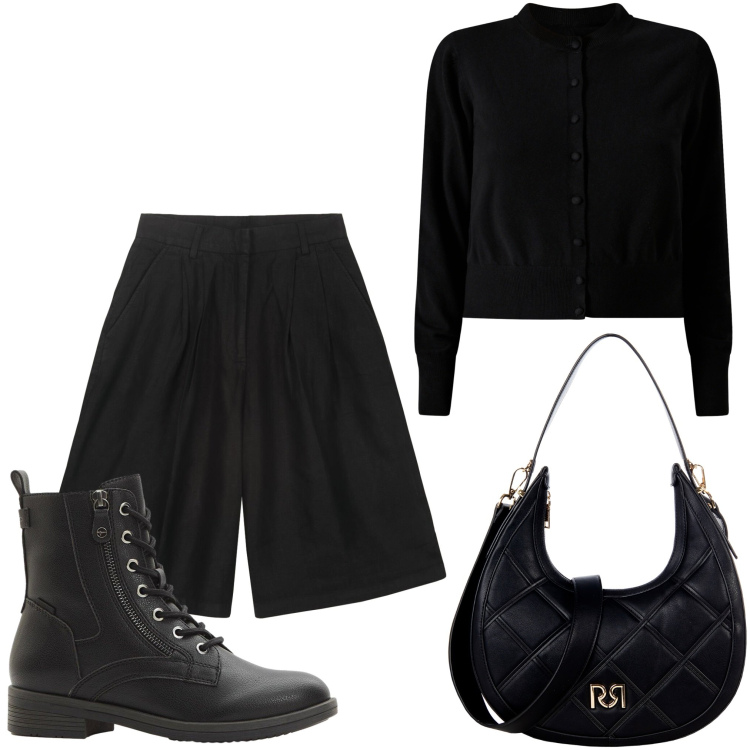 Outfit donna - Black. Stile Rock per Tutti i giorni. Abbinamento con stivaletti, borse a tracolla, cardigans, bermuda.