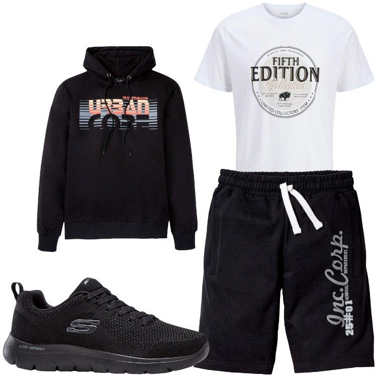 Outfit uomo - Sport. Stile Casual per Sport. Abbinamento con sneakers, felpe con cappuccio, bermuda, t-shirt.