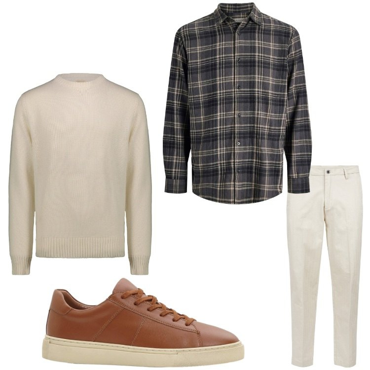 Outfit uomo - Colori chiari. Stile Casual per Tutti i giorni. Abbinamento con sneakers, camicie, pantaloni, maglieria.