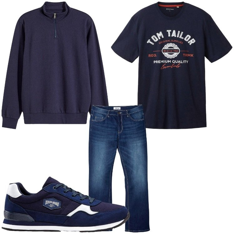 Outfit uomo - Blu. Stile Casual per Tutti i giorni. Abbinamento con felpe, sneakers, jeans bootcut, t-shirt.