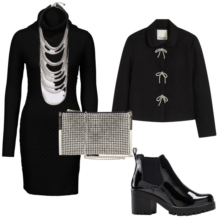 Outfit donna - Total Black Mood. Stile Minimal per Serata fuori. Abbinamento con vestiti, stivaletti, blazer, pochette, collane.