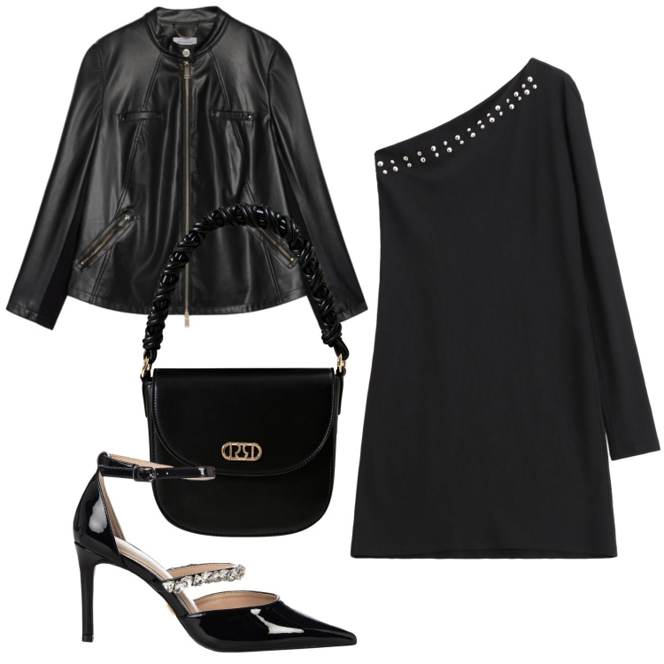 Outfit donna - Total Black Mood. Stile Chic per Serata fuori. Abbinamento con borse a mano, décolleté, vestiti asimmetrici, giacche.