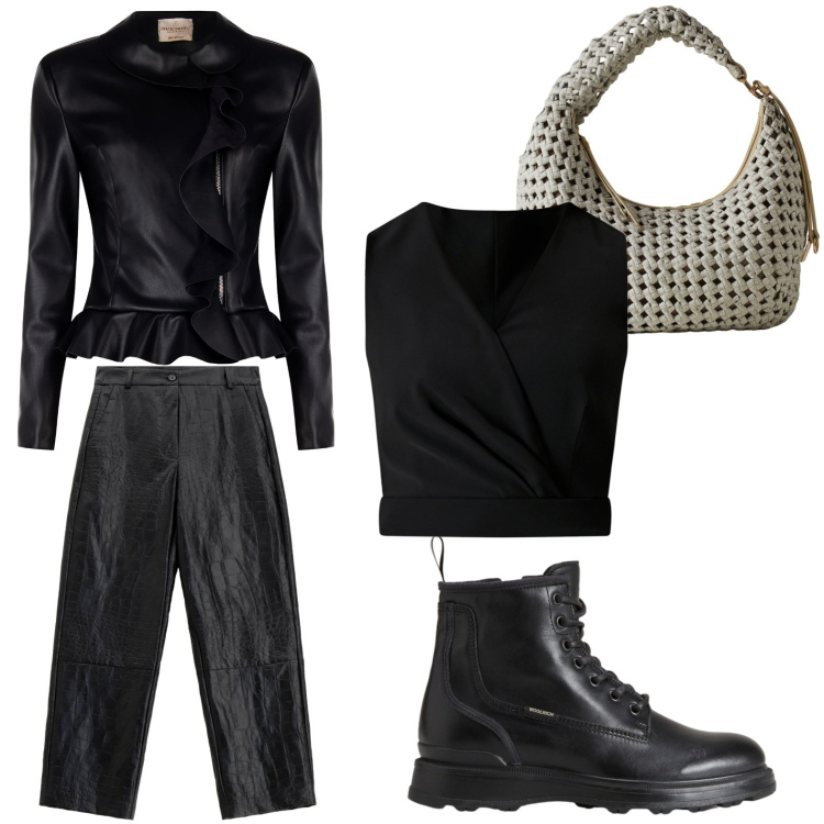 Outfit donna - Total Black Mood. Stile Casual per Serata fuori. Abbinamento con top, blazer, pantaloni, anfibi, borse a spalla.