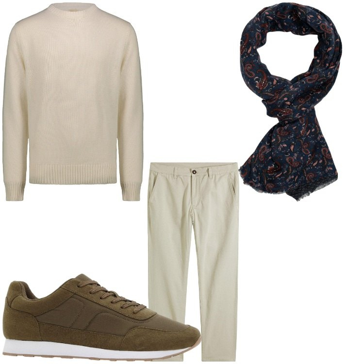 Outfit uomo - Mix. Stile Casual per Tutti i giorni. Abbinamento con sneakers, pantaloni chino, sciarpe, maglieria.