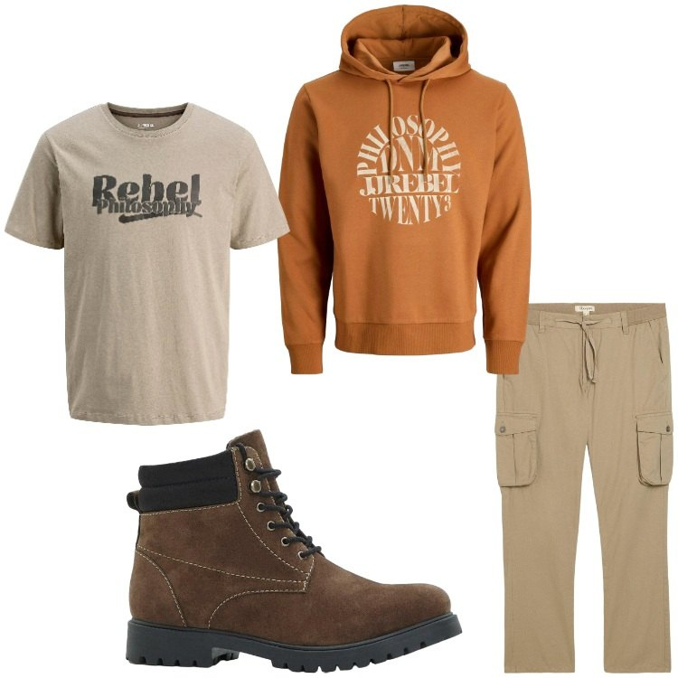 Outfit uomo - Rebel. Stile Casual per Tutti i giorni. Abbinamento con t-shirt, pantaloni cargo, stivali e stivaletti, felpe con cappuccio.