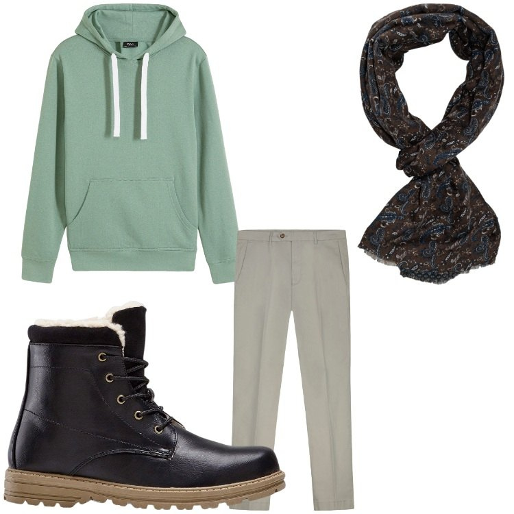 Outfit uomo - Verde tenue. Stile Casual per Tutti i giorni. Abbinamento con stivali e stivaletti, felpe con cappuccio, pantaloni chino, sciarpe.