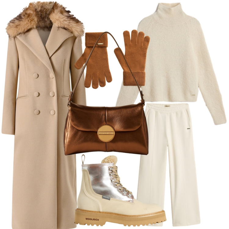 Outfit donna - Tonalità neutre. Stile Casual chic per Tutti i giorni. Abbinamento con cappotti, maglieria, guanti, anfibi, pantaloni, borse a tracolla.