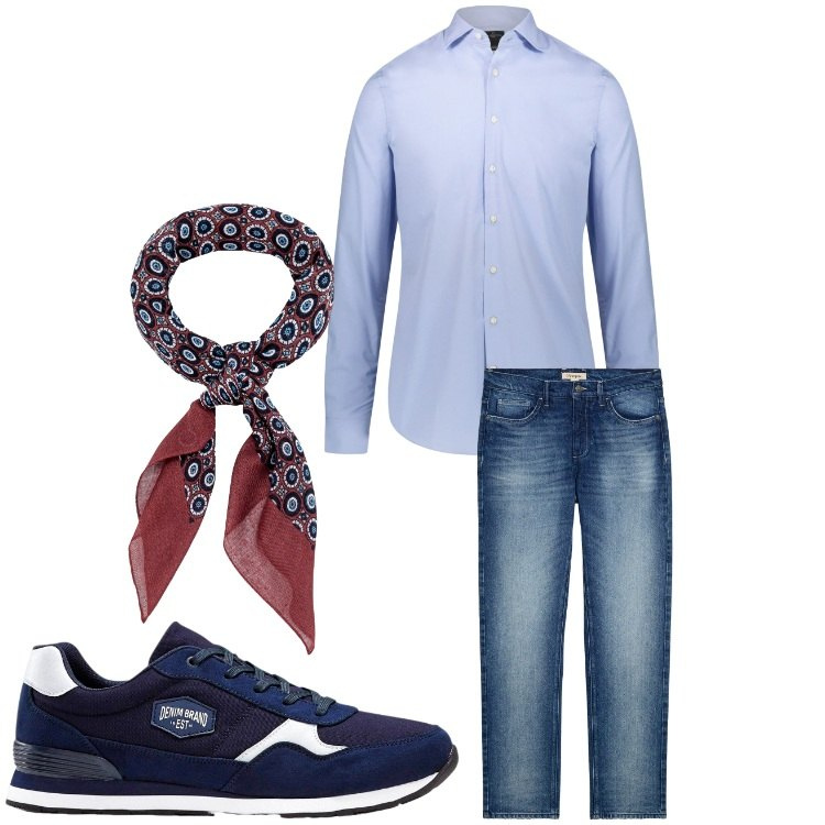 Outfit uomo - Sporty chic. Stile Casual per Tutti i giorni. Abbinamento con sneakers, jeans dritti, camicie, sciarpe e foulard.