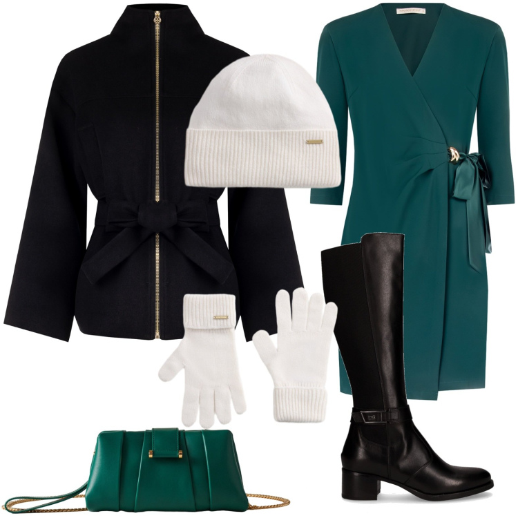 Outfit donna - Serata elegante. Stile Chic per Serata fuori. Abbinamento con vestiti corti, caban, guanti, berretti, pochette, stivali.