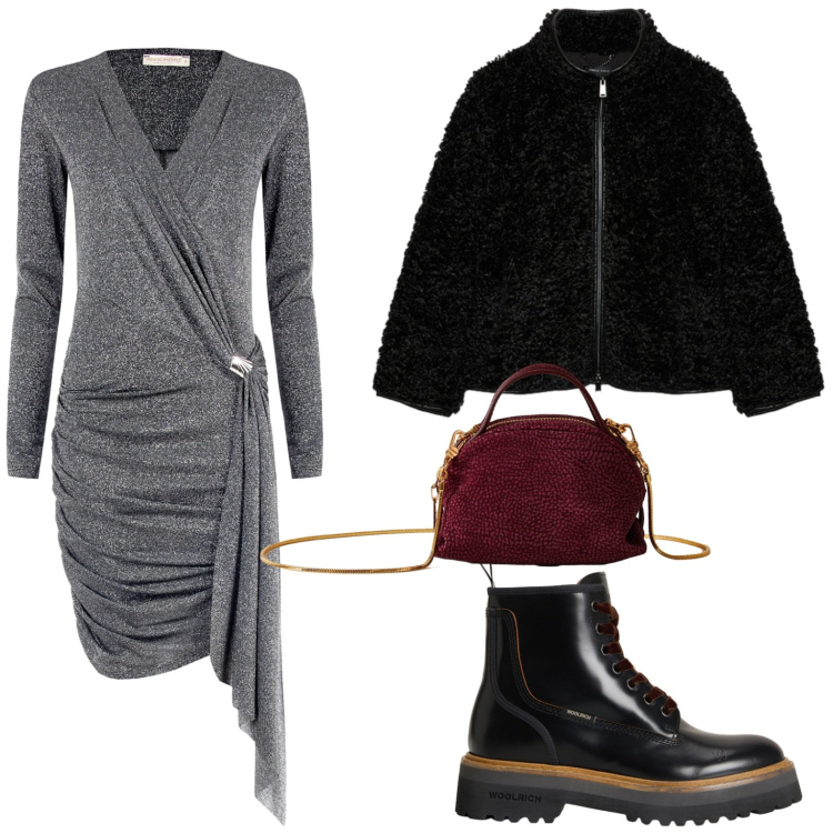 Outfit donna - Serata a cena. Stile Bon Ton per Serata fuori. Abbinamento con vestiti asimmetrici, anfibi, borse a mano, ecopellicce.