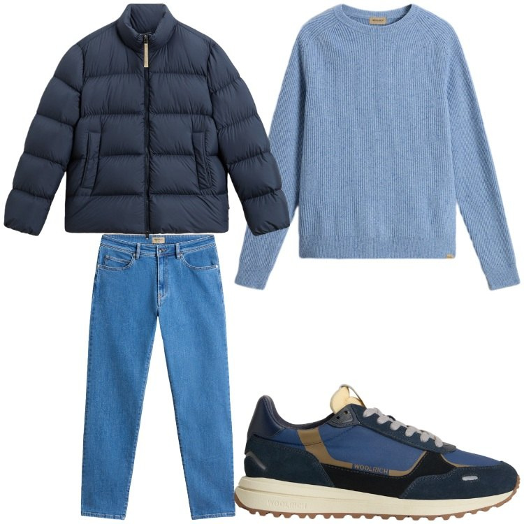 Outfit uomo - Celestiale. Stile Casual per Tutti i giorni. Abbinamento con pantaloni, maglieria, piumini, sneakers.
