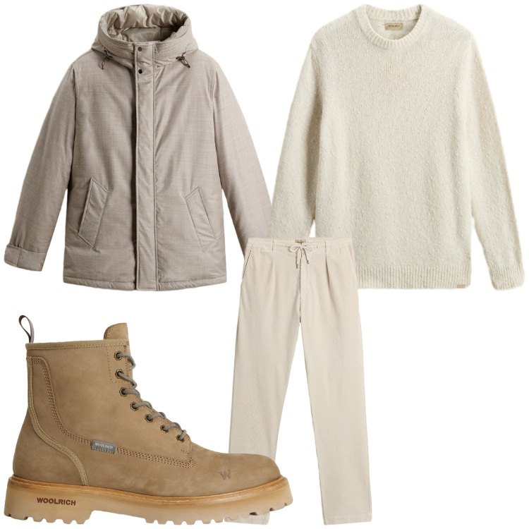 Outfit uomo - Ghiaccio. Stile Casual per Tutti i giorni. Abbinamento con pantaloni, parka, maglieria, anfibi.