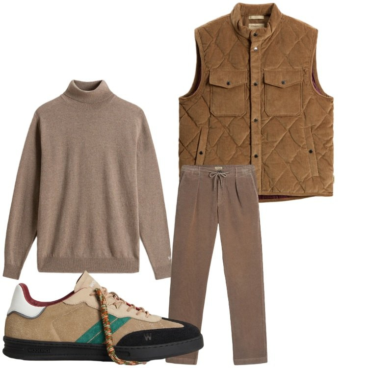 Outfit uomo - Marrone in autunno. Stile Casual per Tutti i giorni. Abbinamento con pantaloni, maglieria, sneakers, gilet.