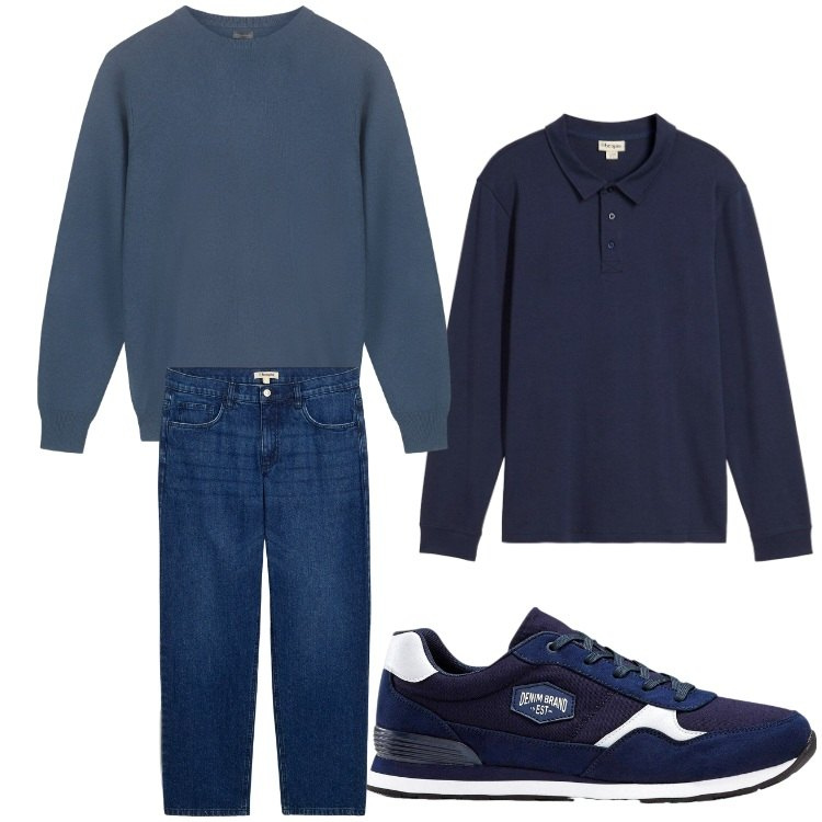 Outfit uomo - Blu. Stile Casual per Tutti i giorni. Abbinamento con sneakers, jeans dritti, polo, maglieria.