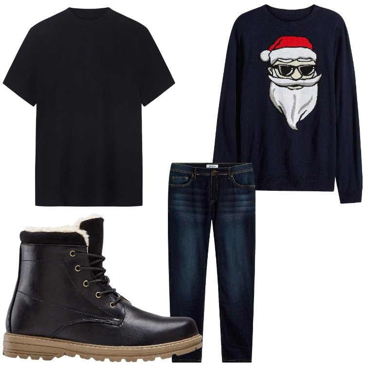 Outfit uomo - Pensando a Natale. Stile Casual per Tutti i giorni. Abbinamento con maglieria, jeans slim fit, stivali e stivaletti, t-shirt.