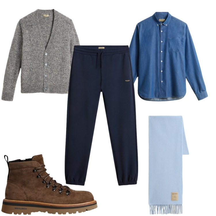 Outfit uomo - Total look #2276612. Stile Casual per Tutti i giorni. Abbinamento con stivali e stivaletti, pantaloni, cardigans, camicie, sciarpe.