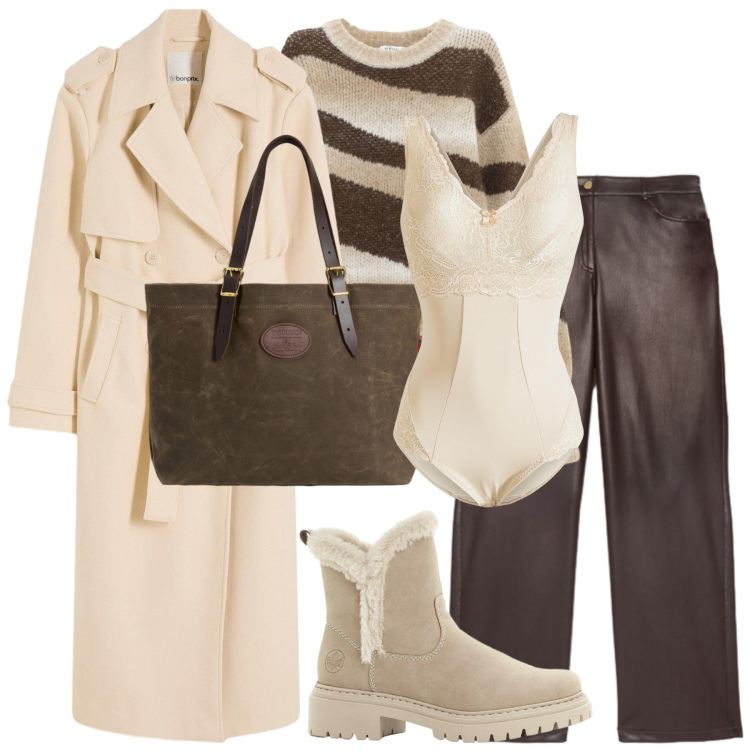 Outfit donna - Week end in country hause. Stile Trendy per Tutti i giorni. Abbinamento con body, trench, stivaletti, pullovers, borse tote, pantaloni.