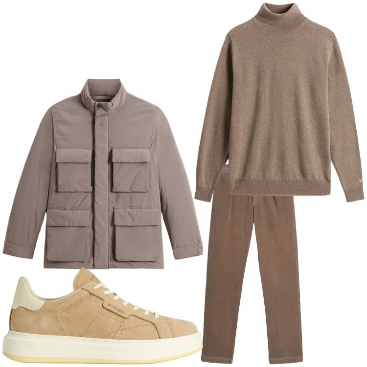 Outfit uomo - Cappuccino. Stile Casual per Tutti i giorni. Abbinamento con pantaloni, sneakers, maglieria, giacche.