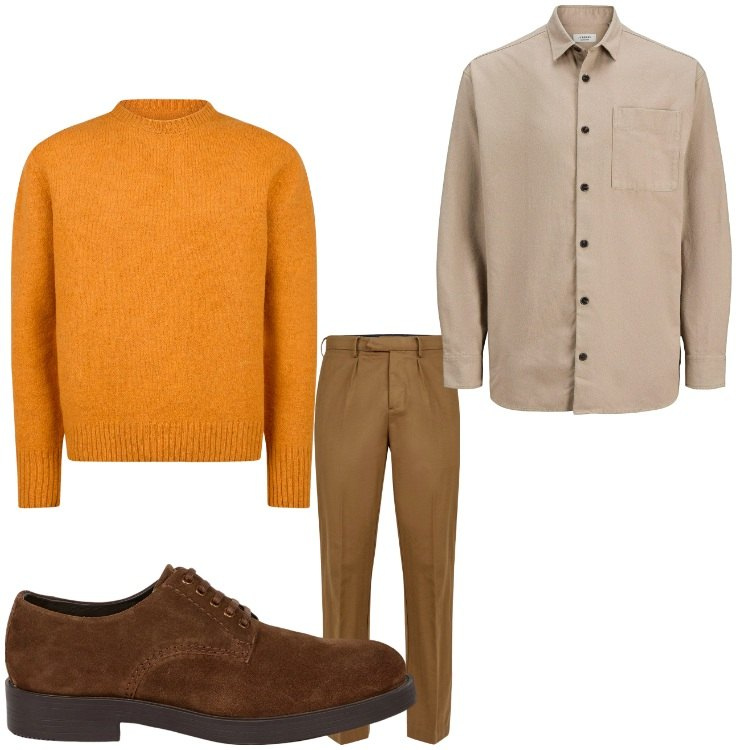 Outfit uomo - Colori autunnali. Stile Casual per Ufficio. Abbinamento con camicie, scarpe stringate, pantaloni, maglieria.