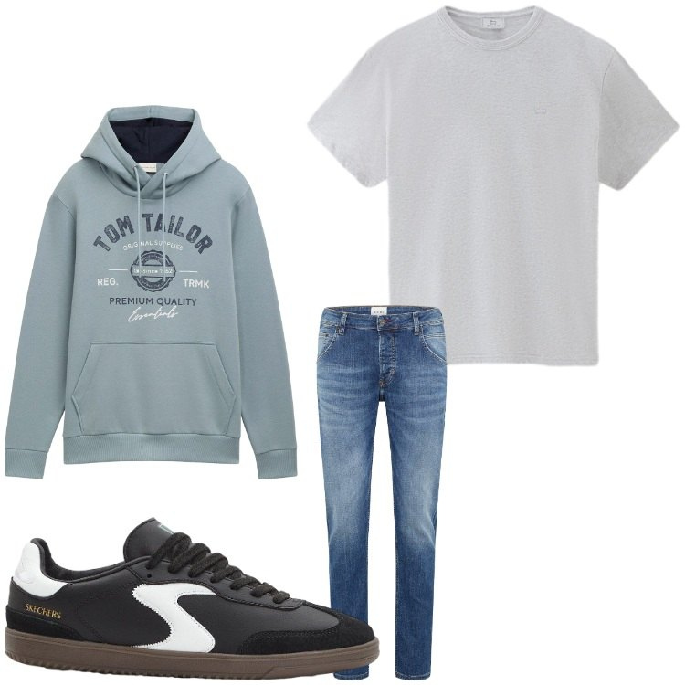 Outfit uomo - Sportivo. Stile Casual per Sport. Abbinamento con sneakers, jeans dritti, felpe con cappuccio, t-shirt.
