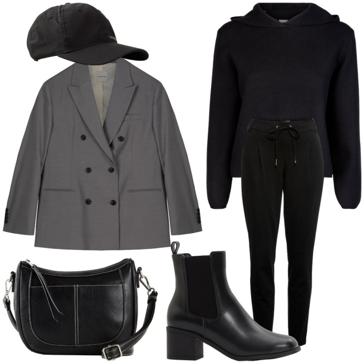 Outfit donna - Total look #2276622. Stile Mannish per Ufficio. Abbinamento con pantaloni, cappelli con visiera, stivaletti, borse a tracolla, maglieria, blazer.
