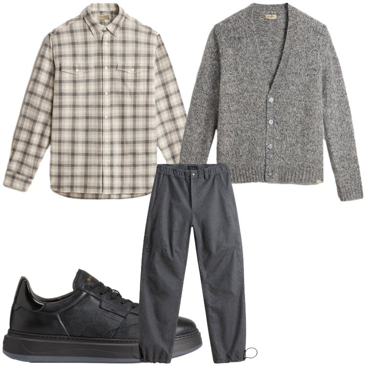 Outfit uomo - Al calduccio. Stile Casual per Tutti i giorni. Abbinamento con pantaloni, cardigans, camicie, sneakers.