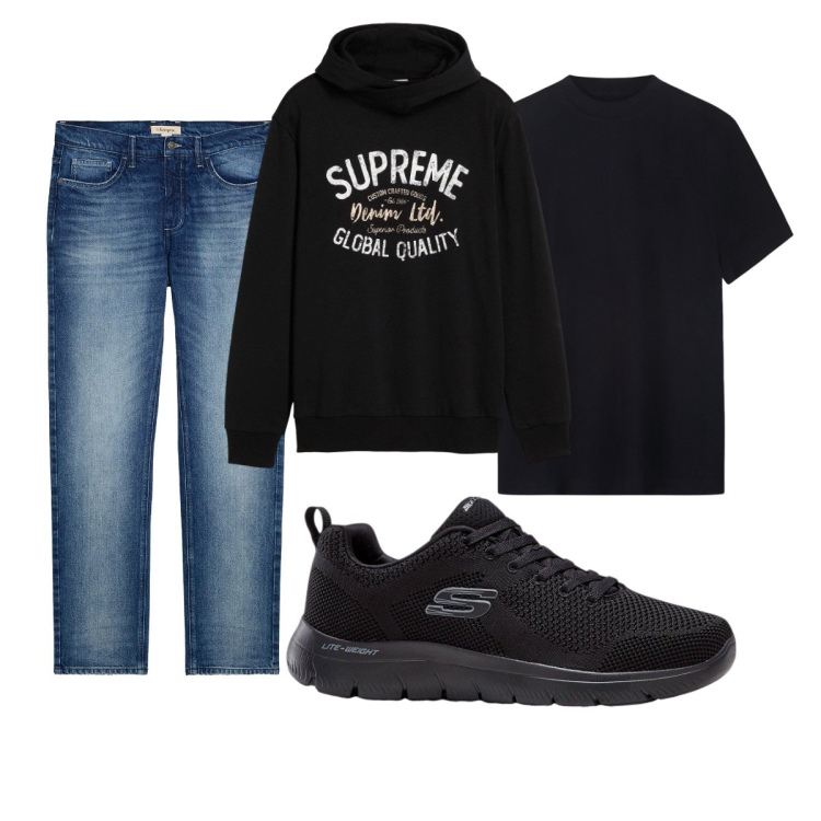 Outfit uomo - Total look #2276631. Stile Casual per Tutti i giorni. Abbinamento con sneakers, jeans dritti, felpe con cappuccio, t-shirt.