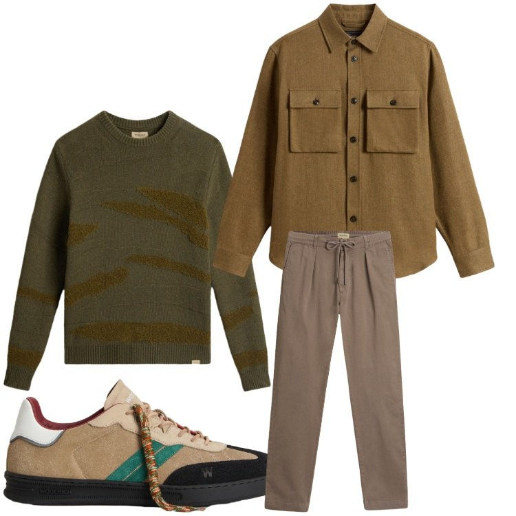 Outfit uomo - Colori di autunno. Stile Casual per Tutti i giorni. Abbinamento con pantaloni, sneakers, maglieria, cappotti.