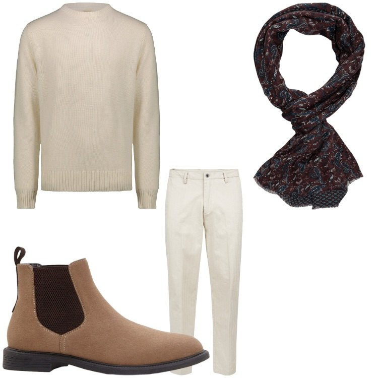 Outfit uomo - Come neve. Stile Casual per Tutti i giorni. Abbinamento con stivali e stivaletti, pantaloni, sciarpe, maglieria.