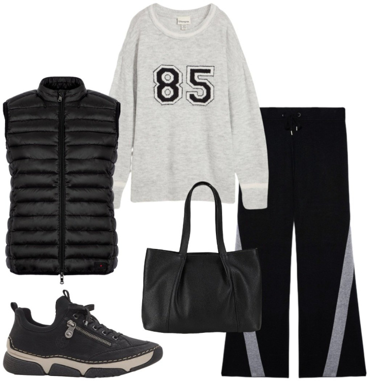 Outfit donna - Total look #2276635. Stile Sporty chic per Tutti i giorni. Abbinamento con maglieria, shopping bag, sneakers, piumini, pantaloni.